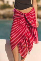 FLORAL EMBROIDERED STRIPED LINEN SCARF RED