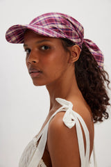 Brimmed Scarf Hat Beige Raspberry Plaid Cotton