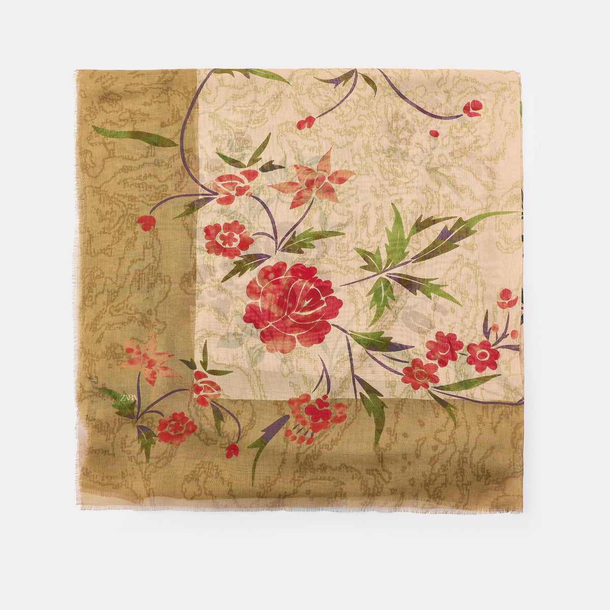 A square scarf with a vintage floral pattern, featuring red and pink flowers, green leaves, and a textured beige background with a gold border, displayed flat against a light gray background.