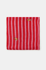 FLORAL EMBROIDERED STRIPED LINEN SCARF RED