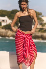 FLORAL EMBROIDERED STRIPED LINEN SCARF RED