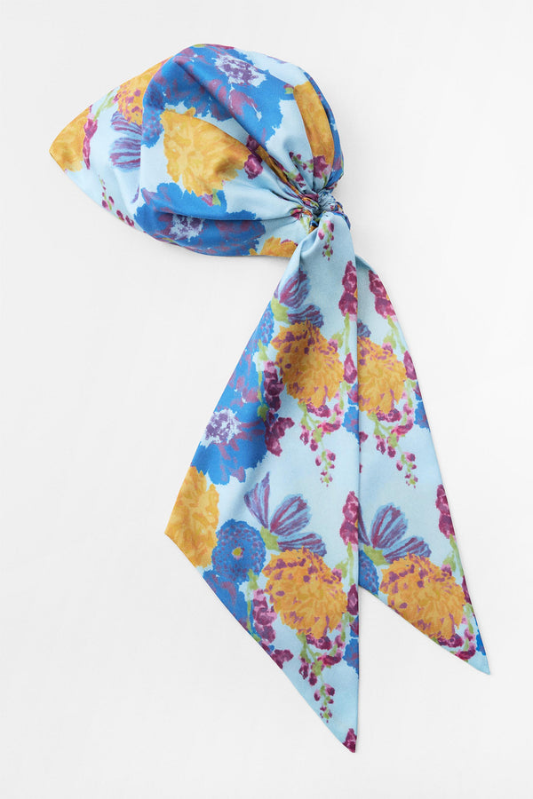 PRE-TIED SATIN BANDANA WRAP BLUE FLORAL