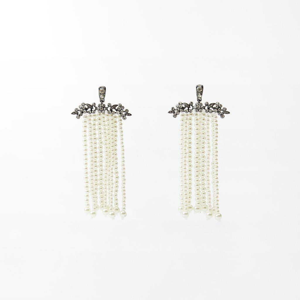 Pair of earrings with pearl-like beads on a white background