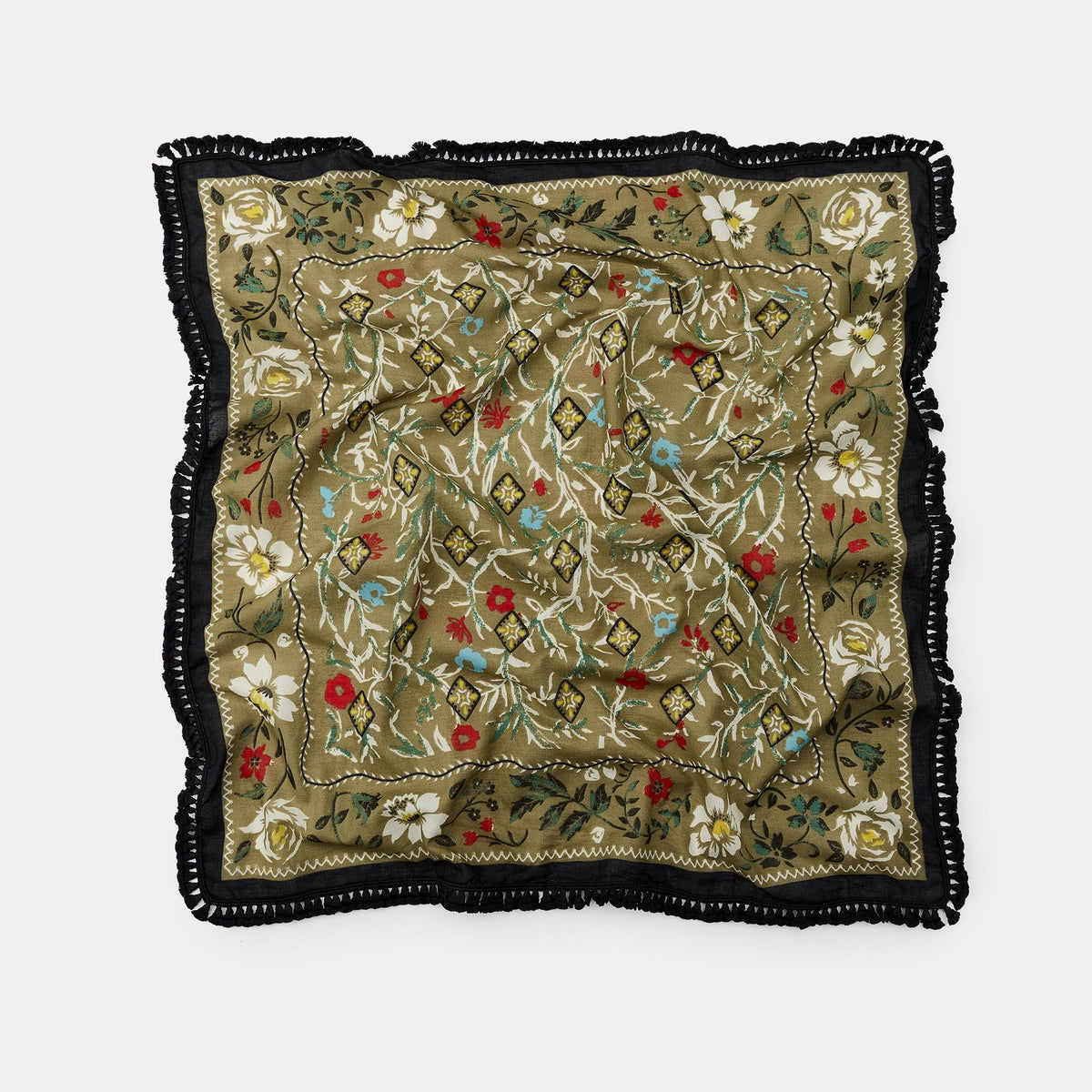 FRINGED FLORAL GREEN PRINT SCARF