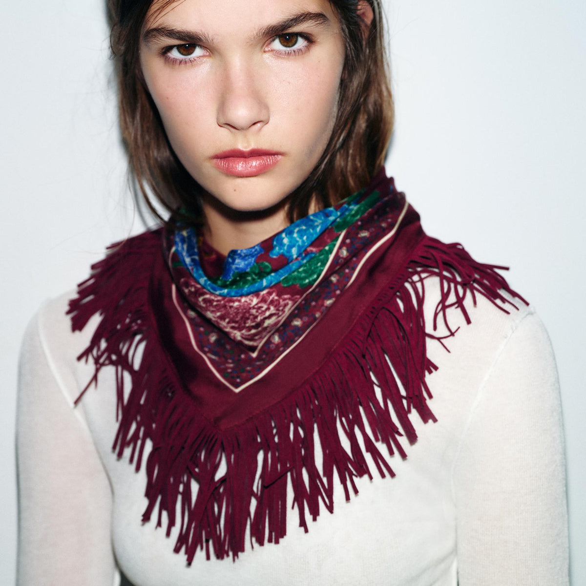 PRINTED SCARF WITH SILK &amp; FRINGE