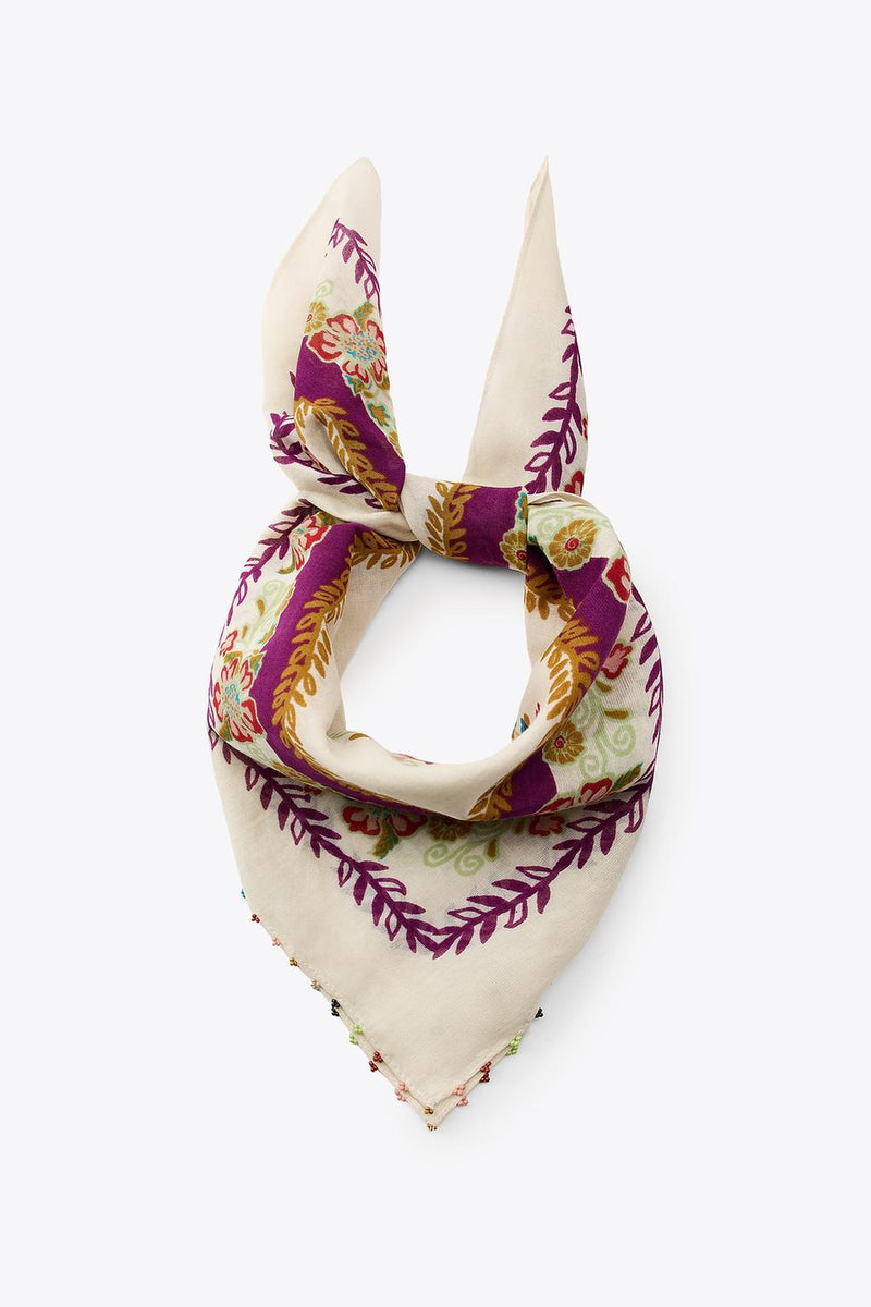 BEADED SQUARE SCARF WHITE