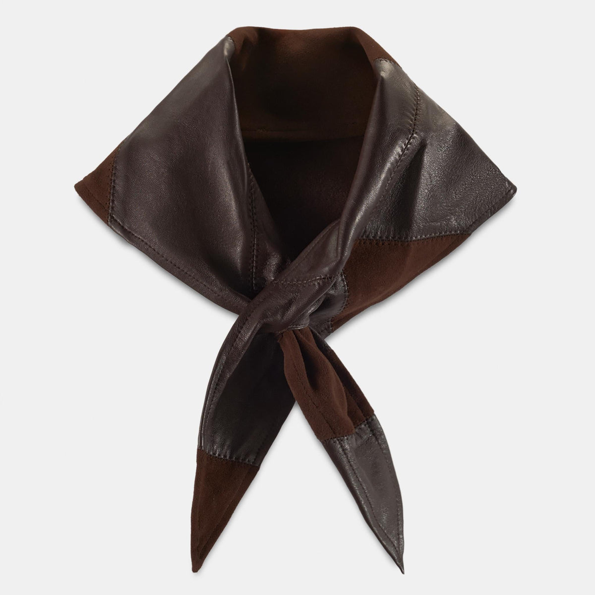 A dark brown leather neck scarf with a pointed, folded shape and tied ends, displayed on a light gray background.
