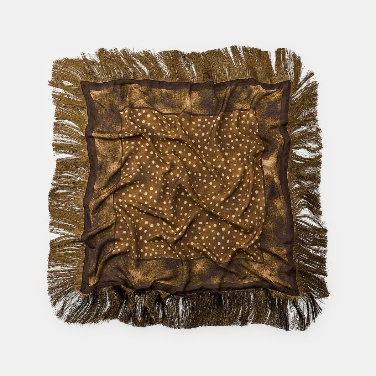 A square brown scarf with fringe edges, featuring a central pattern of small white dots on a brown background with a darker brown border.