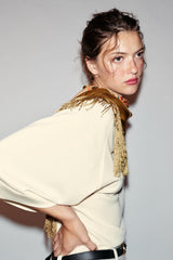 PRINTED SILK BLEND FRINGED SCARF