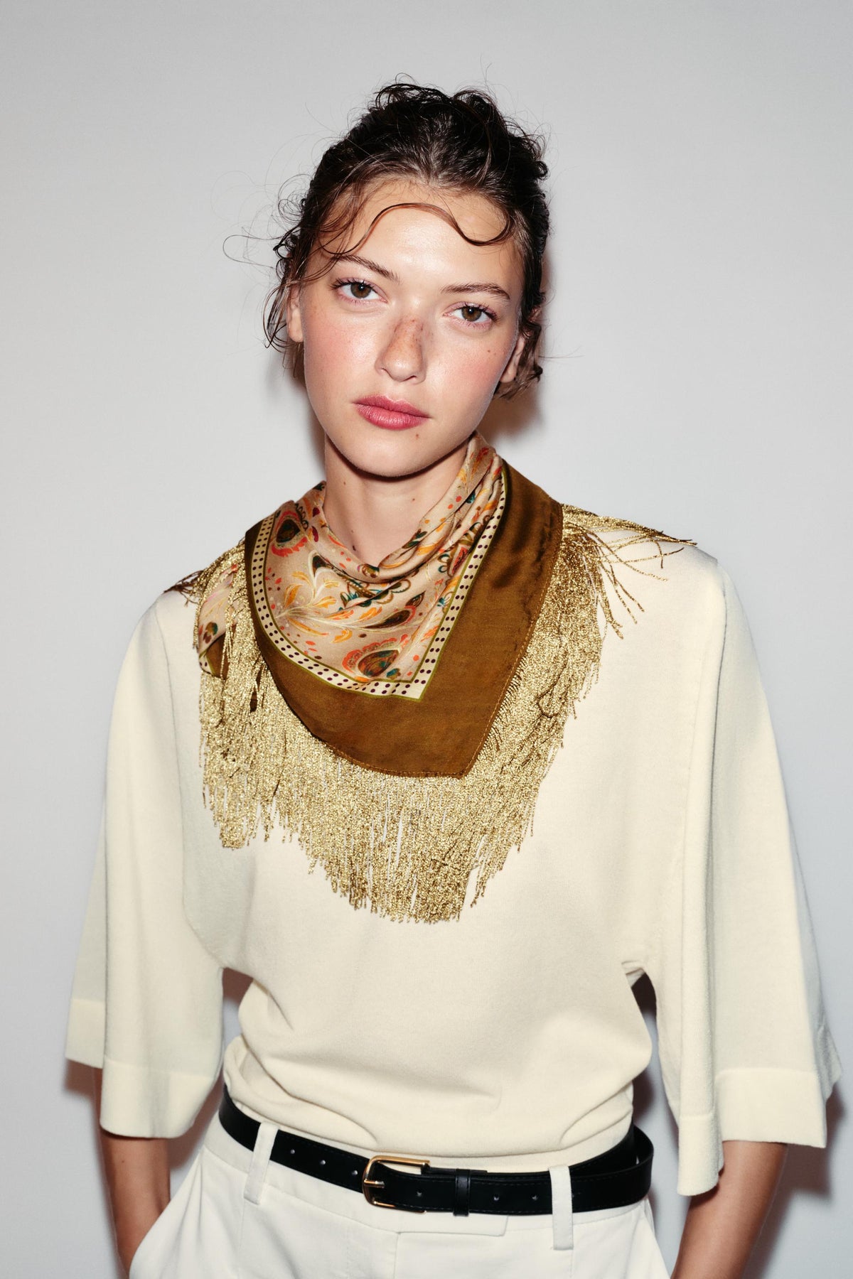 PRINTED SILK BLEND FRINGED SCARF