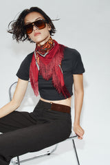 PRINTED SILK-BLEND FLORAL FRINGED SCARF RED