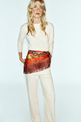 HERON PRINT SATIN SCARF WITH FRINGE
