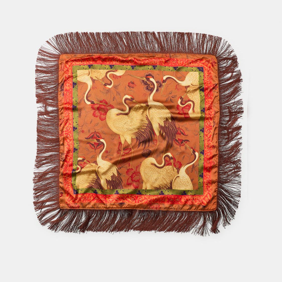 HERON PRINT SATIN SCARF WITH FRINGE