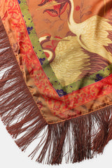 HERON PRINT SATIN SCARF WITH FRINGE