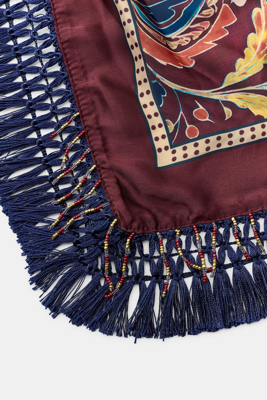 PRINTED FLORAL SCARF WITH BEADED FRINGE