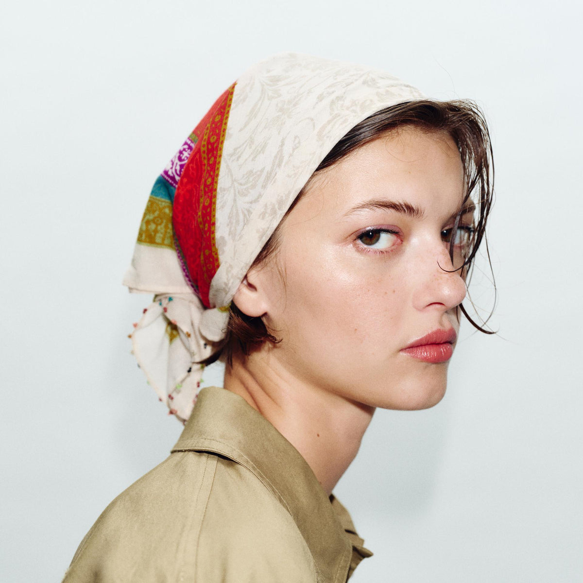 BEADED PRINTED BANDANA SCARF