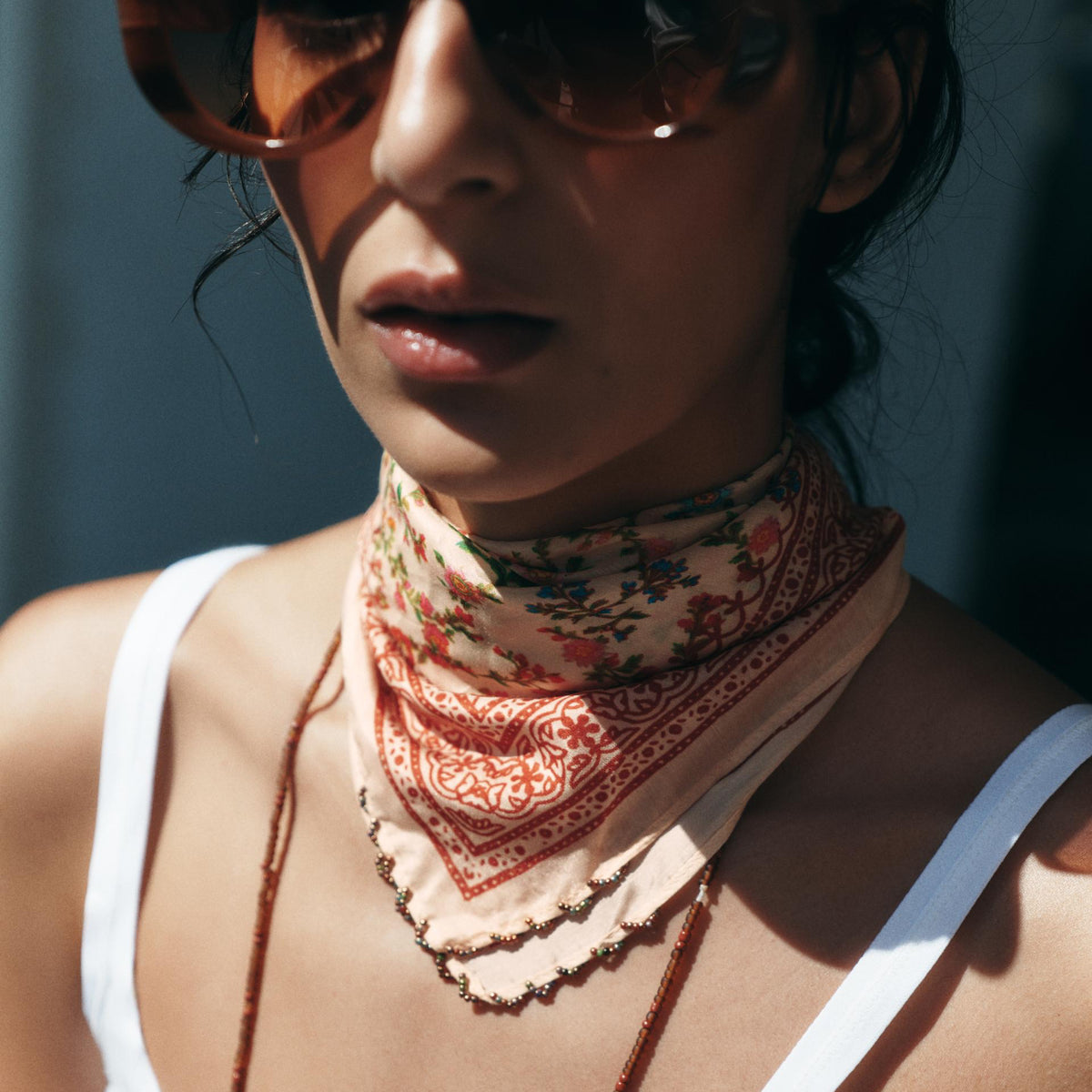 BEADED FLORAL PRINT SILK BANDANA