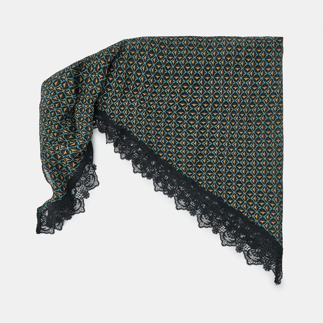 Scarf with geometric pattern and lace trim on a white background
