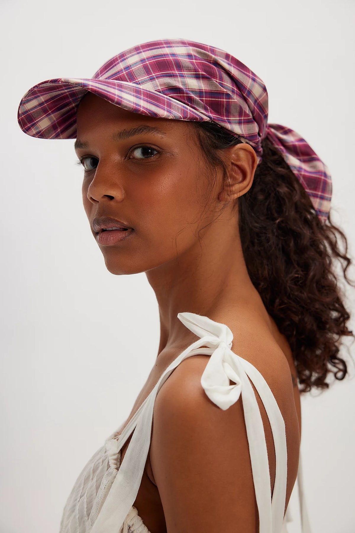 Brimmed Scarf Hat Beige Raspberry Plaid Cotton