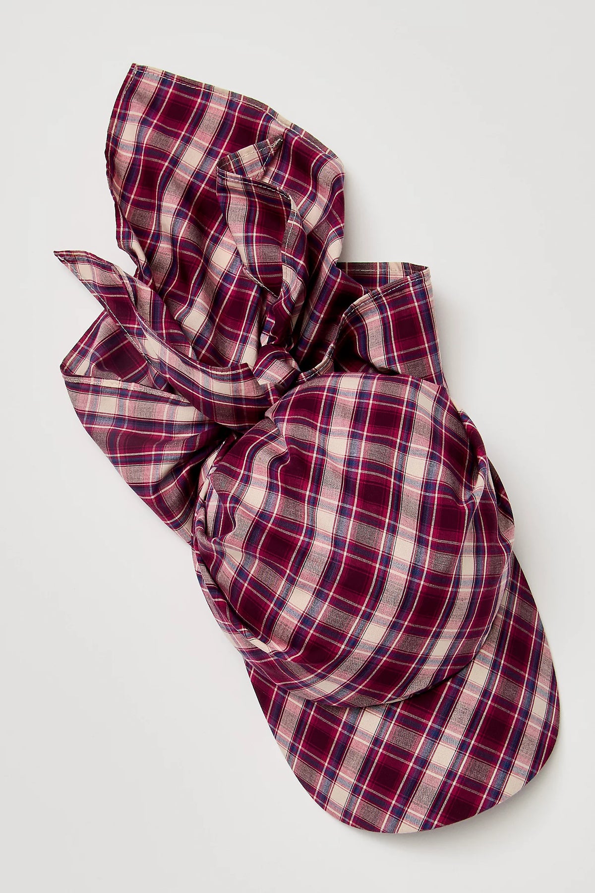 Brimmed Scarf Hat Beige Raspberry Plaid Cotton