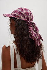 Brimmed Scarf Hat Beige Raspberry Plaid Cotton