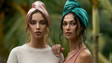 Two women wearing colorful headscarves standing in a natural setting.