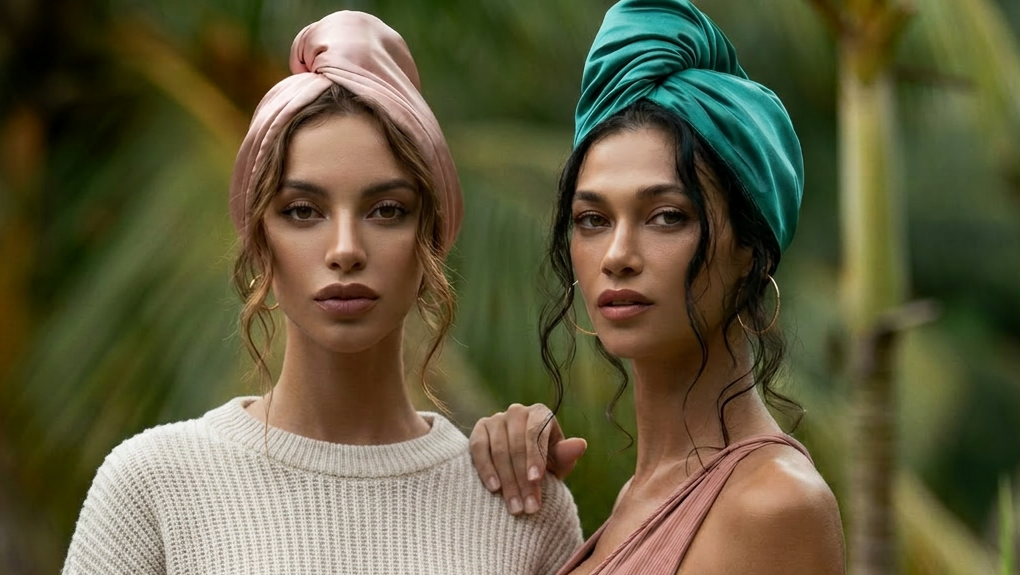 Two women wearing colorful headscarves standing in a natural setting.