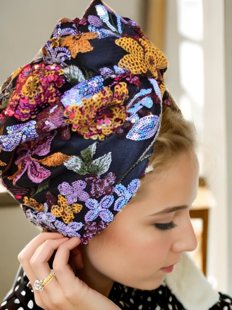 Black Embroidery Sequin Turban