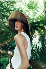REVERSIBLE 100% LINEN STRIPED HAT light brown