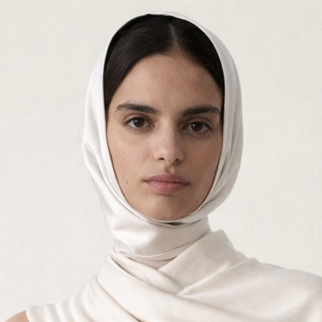 Woman wearing a white hijab and light blue top against a plain background