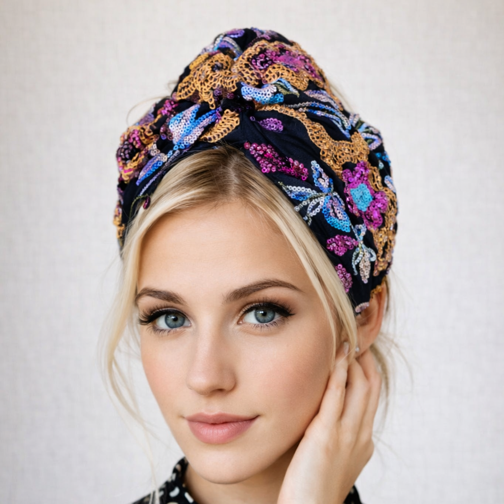 Black Embroidery Sequin Turban