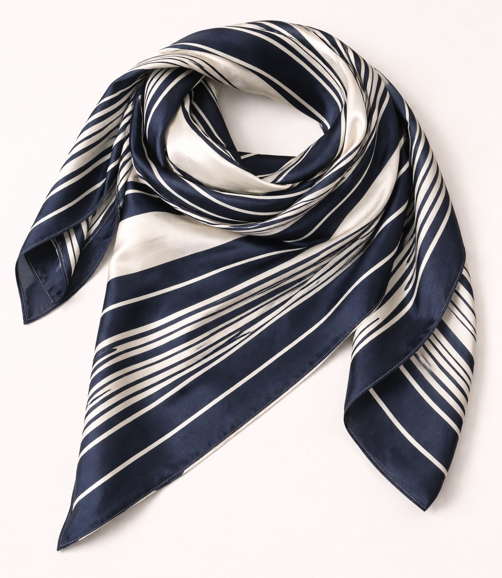 Striped navy and white scarf on a white background with text indicating size and type.