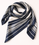 Striped navy and white scarf on a white background with text indicating size and type.