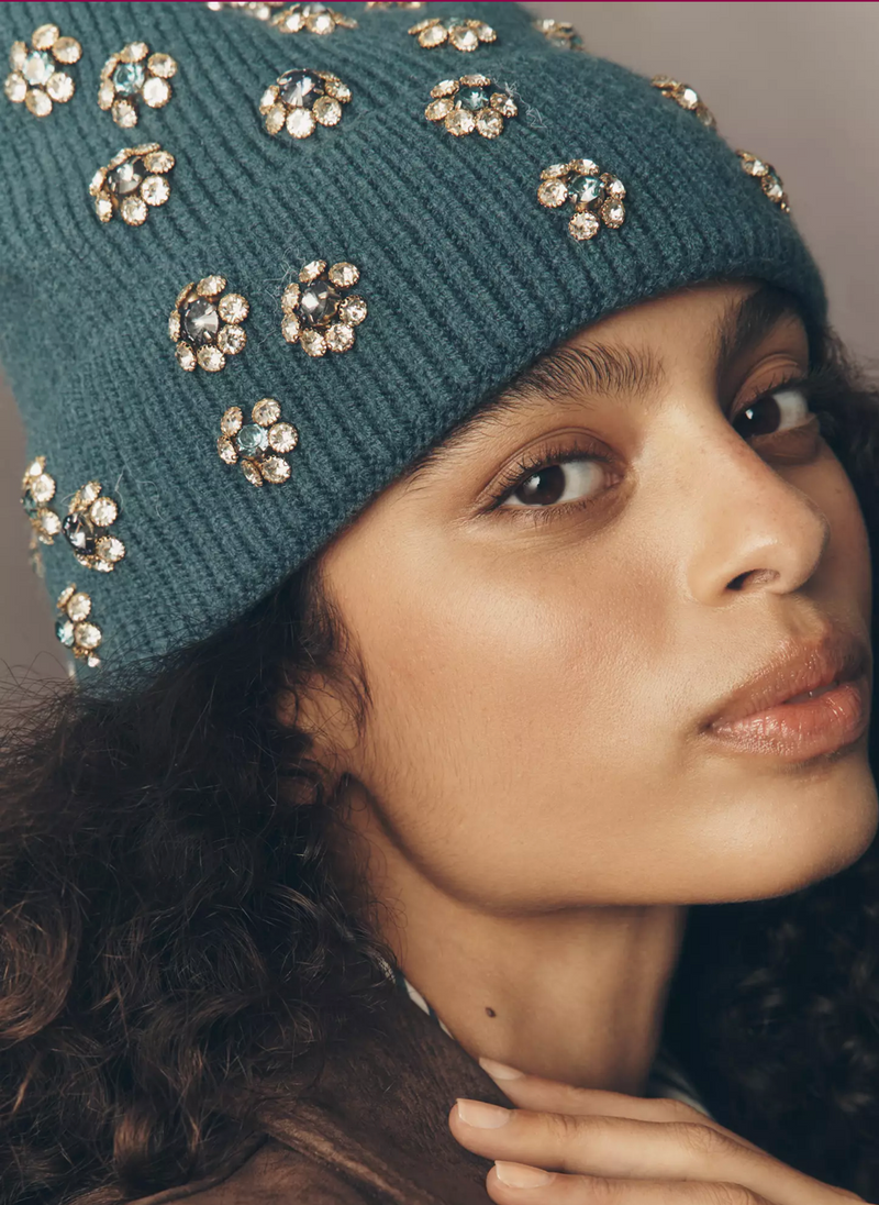 Crystal Knit Beanie Teal Blue