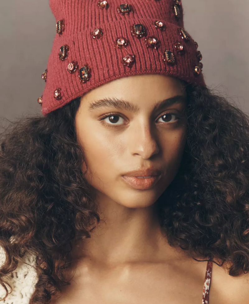 Crystal Knit Beanie Dark Red