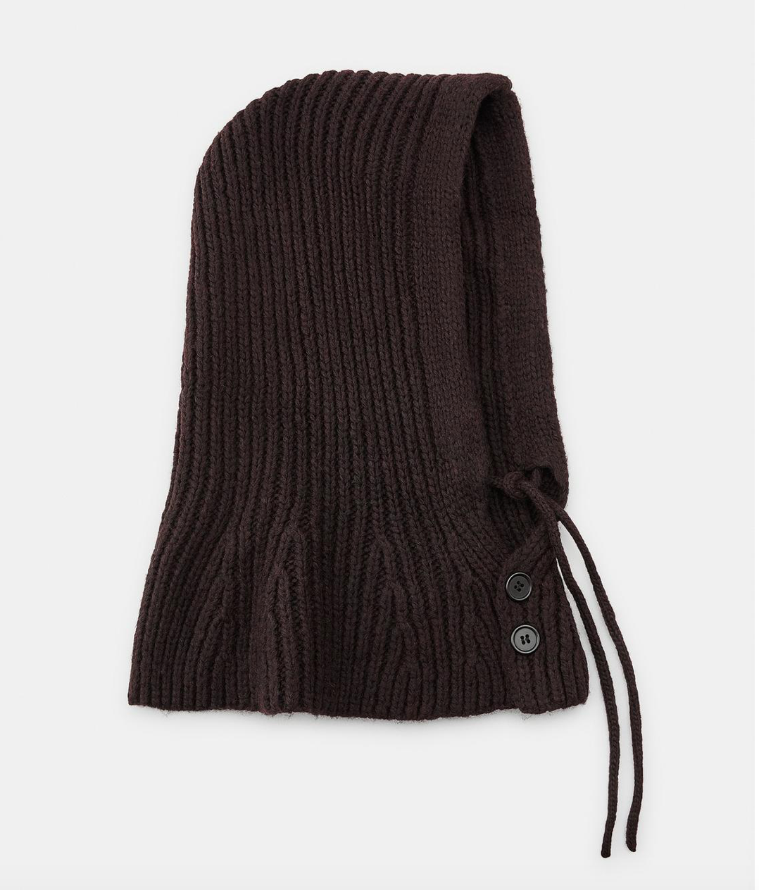Brown knitted scarf with buttons on a white background