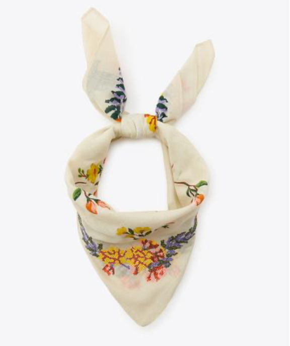 Floral patterned bandana with bunny ears on a white background