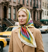 Woman wearing a colorful scarf and brown coat on a city street with taxis in the background