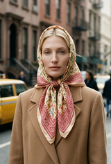 Woman wearing a patterned scarf and brown coat on a city street with yellow taxis.