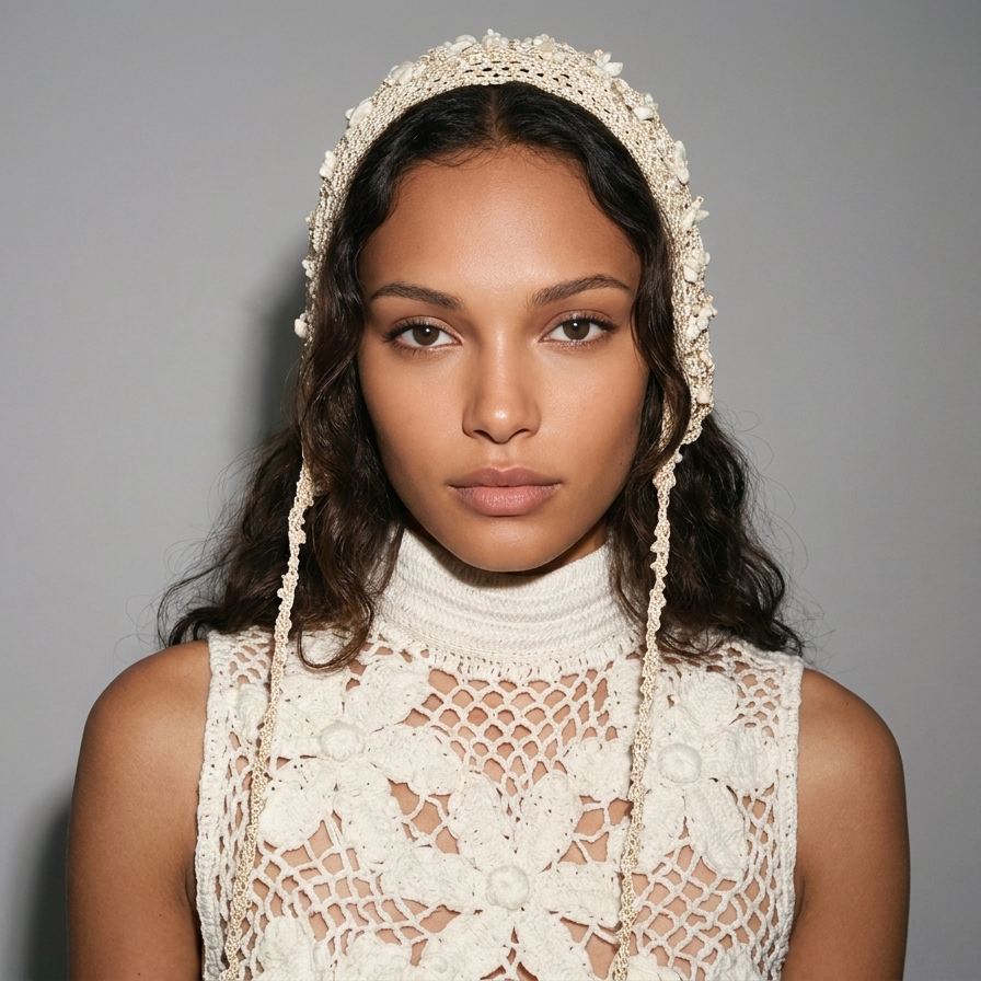 Woman wearing a white lace bonnet against a gray background