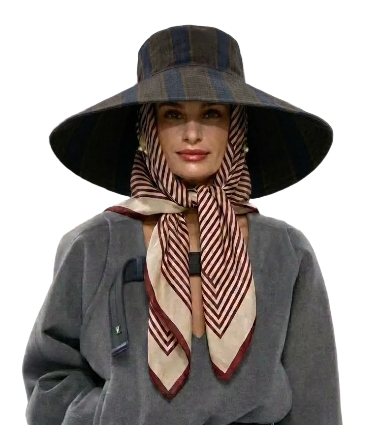 REVERSIBLE 100% LINEN STRIPED HAT - LIGHT BROWN