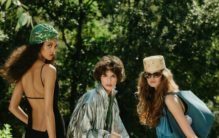 Three women standing outdoors with trees in the background