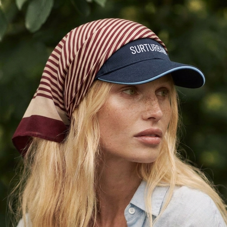 Woman wearing a striped headscarf and navy cap with 'Surfboards' branding outdoors.