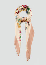 FLORAL SATIN SCARF BEIGE TRIM